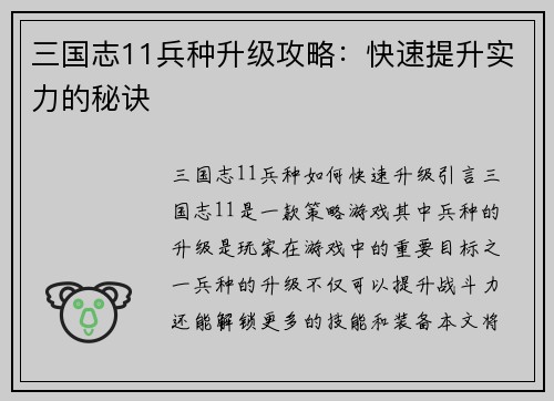 三国志11兵种升级攻略：快速提升实力的秘诀