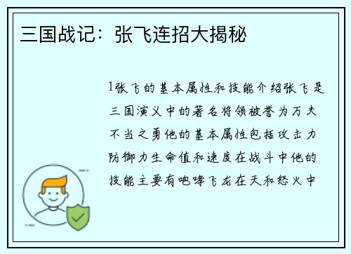 三国战记：张飞连招大揭秘